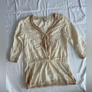 Lucky Brand Top Boho Cream Metallic Gold Embroidered Women's size Small
